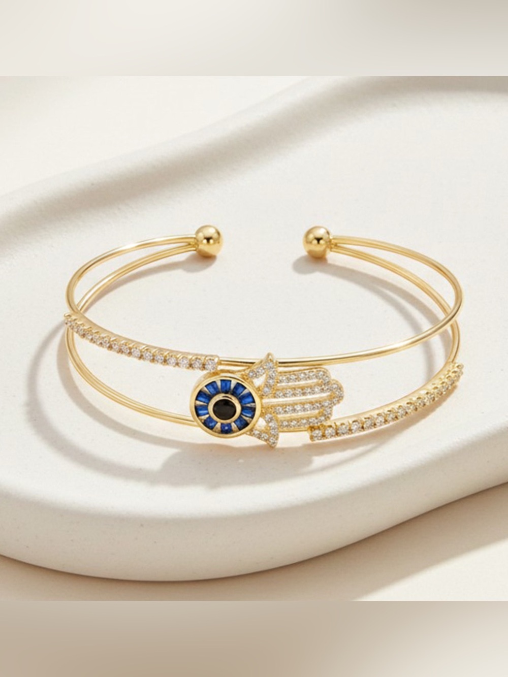 Gold Plated CZ Pave Hamsa Hand Evil Eye Cuff Bracelet